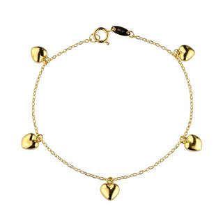 18K Solid Yellow Gold Dangling Puffy Hearts Bracelet 6 inch.