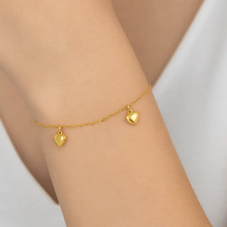 18K Solid Yellow Gold Dangling Puffy Hearts Adult Bracelet