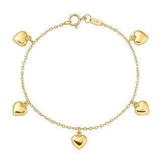 18K Solid Yellow Gold Dangling Puffy Hearts Adult Bracelet