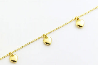 18K Solid Yellow Gold Dangling Puffy Hearts Adult Bracelet