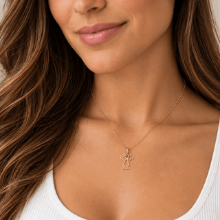 18K Solid Yellow Gold Polished Open Girl Silhouette  Medium Pendant on a woman