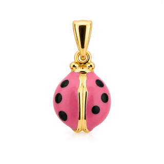 Pingente de Joaninha em Ouro Amarelo 18K com Esmalte Rosa (10mm/19mm com Argola)