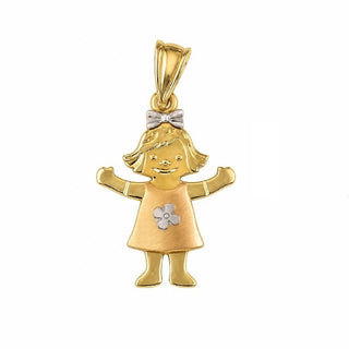 18K Solid Tri-Color Gold Girl Charm Pendant with Dress and Bow