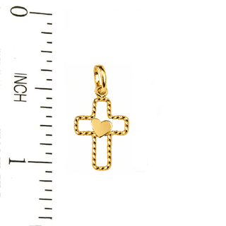 18K Solid Yellow Gold Small Polished Heart Open Cross with ruler