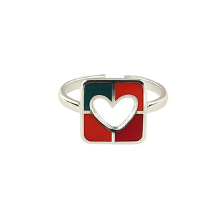 Sterling Silver Square Multicolor Enamel Cut-Out Heart Ring