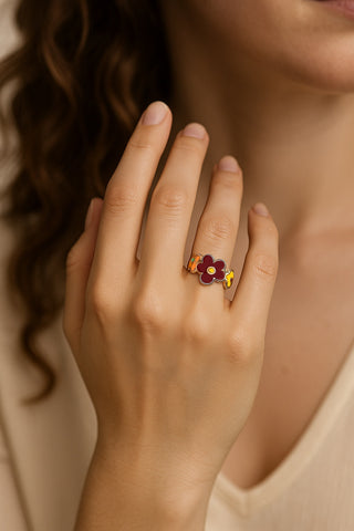 Sterling Silver Enamel Multicolor Flowers Open Ring