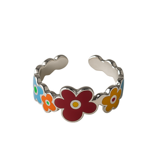 Sterling Silver enamel multi color flowers open adjustable ring.