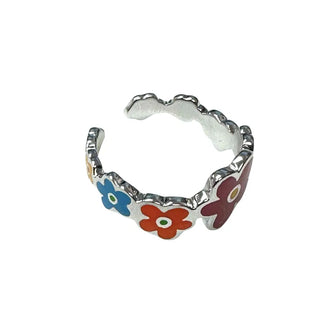 Sterling SilverEenamel Multicolor Flowers Open Ring