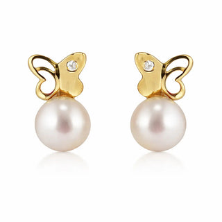 18K Yellow Gold Diamond Pearl Butterfly Screwback Earrings