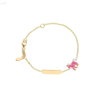 18K Solid Yellow Gold Pink Enamel Unicorn Baby Id Bracelet