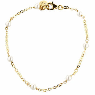 18K Solid Yellow Gold Pearls and  Diamond cut Chain Bracelet 