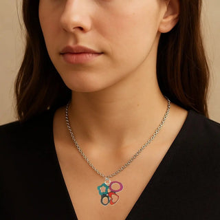 Sterling Silver Enamel Open Flower Heart and Oval Necklace