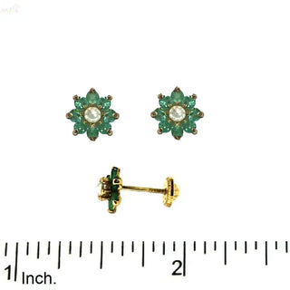 18K Gold Emerald and Center Pearl Flower Screwback Earrings