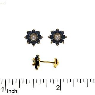 18K Gold Sapphire and Center Pearl Flower Screwback Earrings
