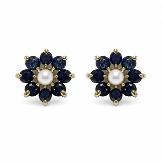 18K Gold Sapphire and Center Pearl Flower Screwback Earrings