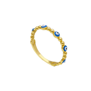 18K Solid Yellow Gold Blue Enamel Evil Eye Thin Band Ring