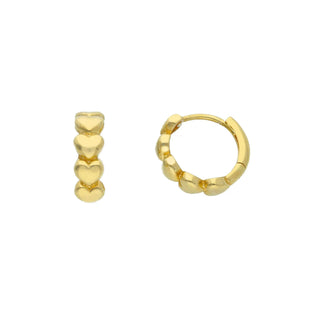 18K Solid Yellow Gold Hearts Hinged Hoop Huggie Earrings 