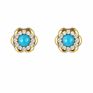18K Gold Turquoise and  Zirconia Flower Screwback Earrings