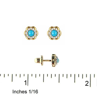 18K Gold Turquoise and  Zirconia Flower Screwback Earrings