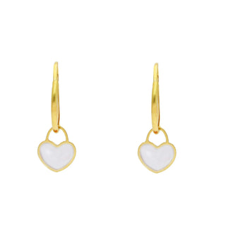 18K Solid Yellow Gold Mother of Pearl Heart Endless Hoop Earrings