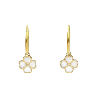 18K Solid Yellow Gold Mother of Pearl Clover Endless Hoop Earrings