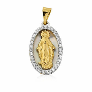 18K Solid Gold Mother Pearl and Zirconia Miraculous Medal
