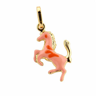 18K Solid Yellow Gold Peach or Pink Enamel Horse Pendant