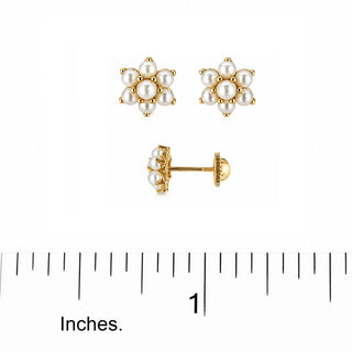 18K Solid Yellow Gold Cultivated Pearl Flower Earrings