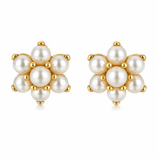 18K Solid Yellow Gold Cultivated Pearl Flower Earrings