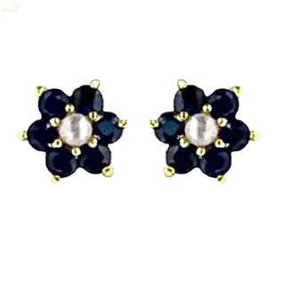 18K Yellow Gold Sapphire and Pearl Flower Screwback Earrings