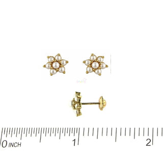 18K Solid Yellow Gold Pearl Flower Screwback Earrings
