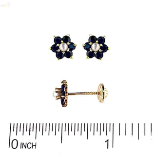 18K Yellow Gold Sapphire and Pearl Flower Screwback Earrings