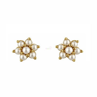 18K Solid Yellow Gold Pearl Flower Screwback Earrings