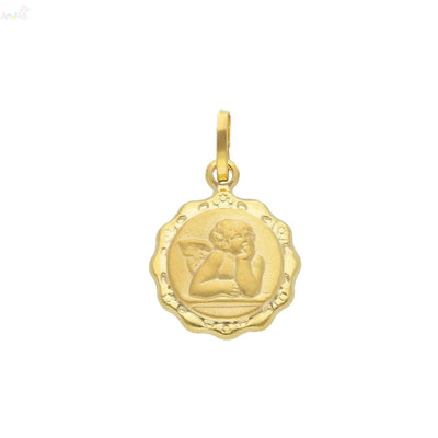 18K Solid Yellow Gold Puffy Angel Sand Finish Medal
