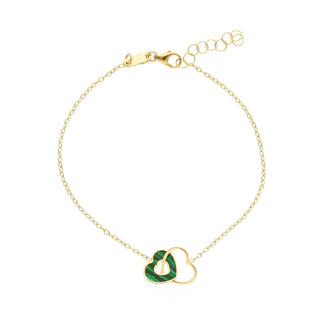 18K Solid Yellow Gold Malachite Interlocking Hearts Bracelet