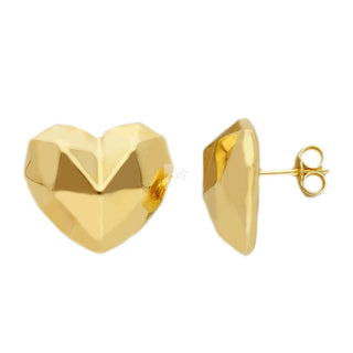 18K Solid Yellow Gold Polished Puffy Faceted Heart Earrings