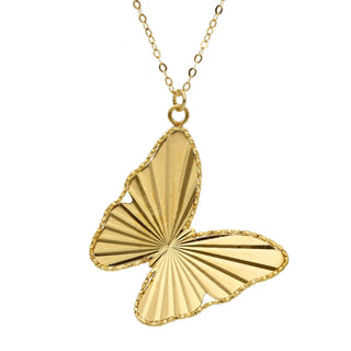18K Solid Yellow Gold Diamond Cut Butterfly Pendant Necklace