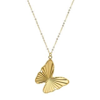 18K Solid Yellow Gold Diamond Cut Butterfly Pendant Necklace