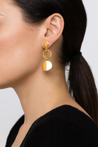 18K Solid Yellow Gold Polished Convex Circle Dangle Earrings