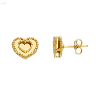 18K Solid Yellow Gold Double Mirror Heart Post Earrings
