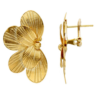 18K Solid Yellow Gold Satin Finish Half Flower Large Earrings