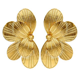 18K Solid Yellow Gold Satin Finish Half Flower Large Earrings