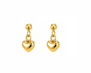 18K Gold Tiny Puffy Heart Dangle Earrings in Yellow or Pink Gold
