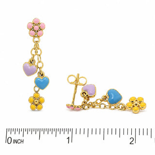 18K Gold Multi Color Hearts and Flowers Long Dangle Earrings