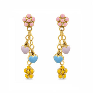 18K Gold Multi Color Hearts and Flowers Long Dangle Earrings