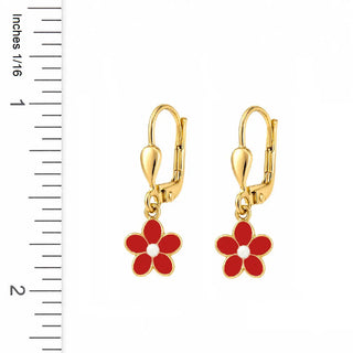 18K Solid Yellow Gold Red Enamel Flower Lever Back Earrings