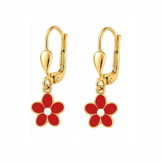 18K Solid Yellow Gold Red Enamel Flower Lever Back Earrings