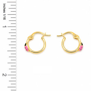18K Solid Yellow Gold Pink Enamel Ladybug Hoop Earrings