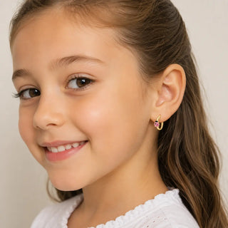 18K Solid Yellow Gold Pink Enamel Ladybug Hoop Earrings