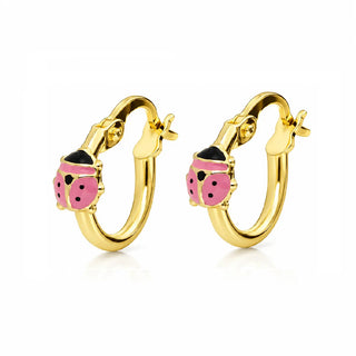 18K Solid Yellow Gold Pink Enamel Ladybug Hoop Earrings